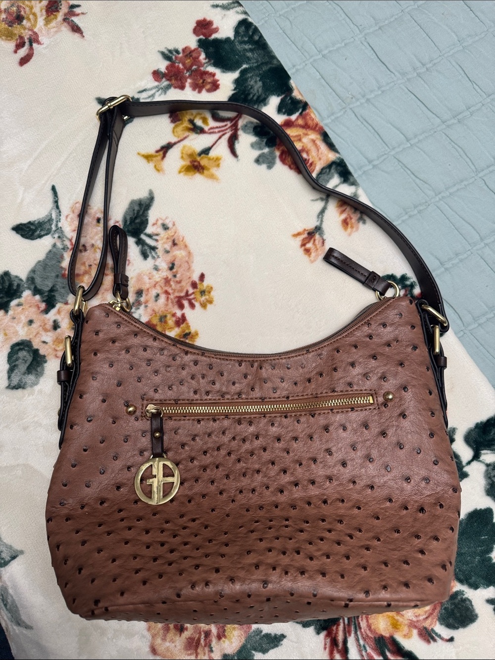 Giani Bernini Brown Ostrich-Embossed Shoulder Bag with Gold Accent
